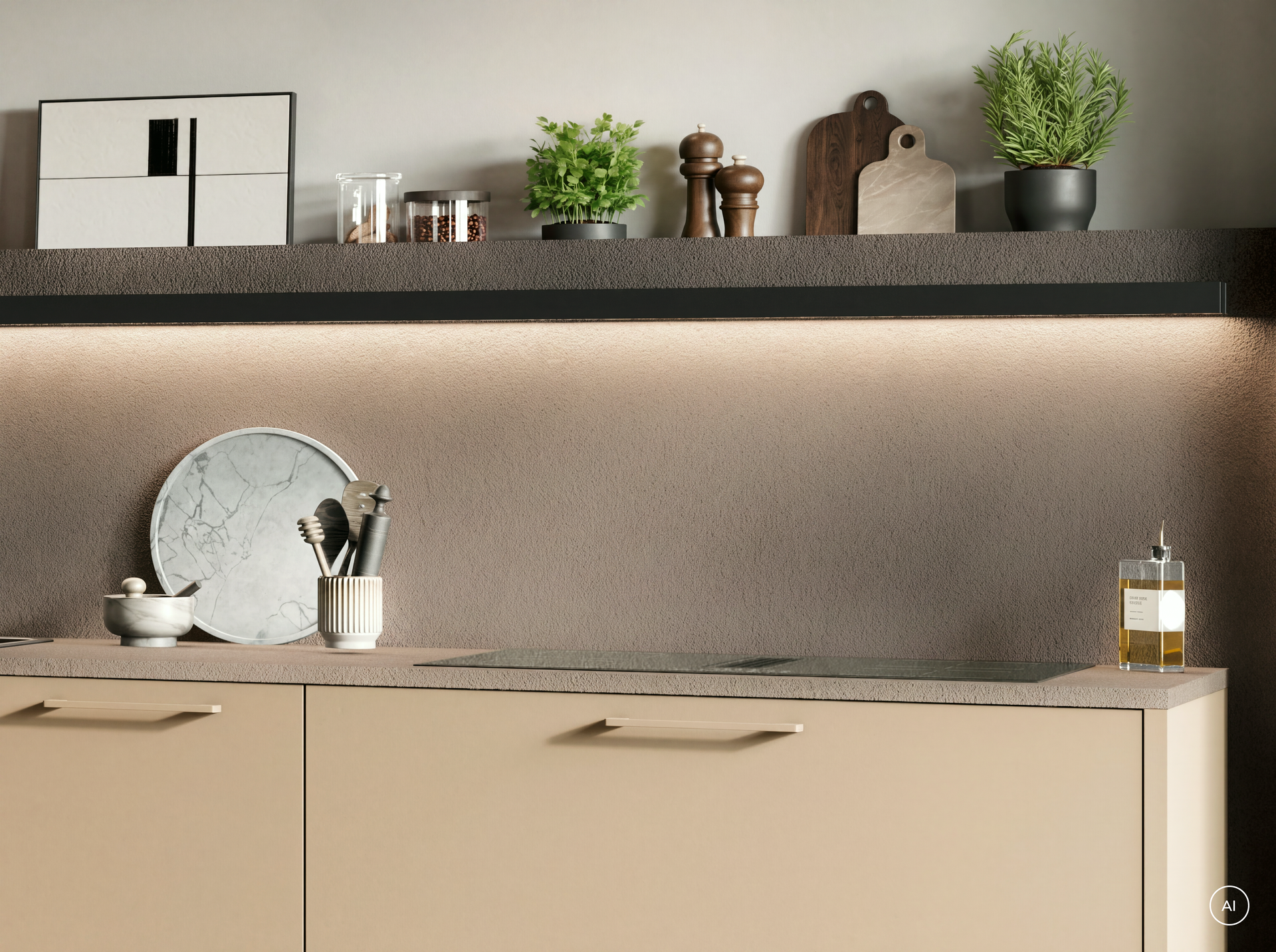 Nischenreling mit durchgehendem Lichtband über der Arbeitsplatte einer Küche in Caramel, Häcker concept130