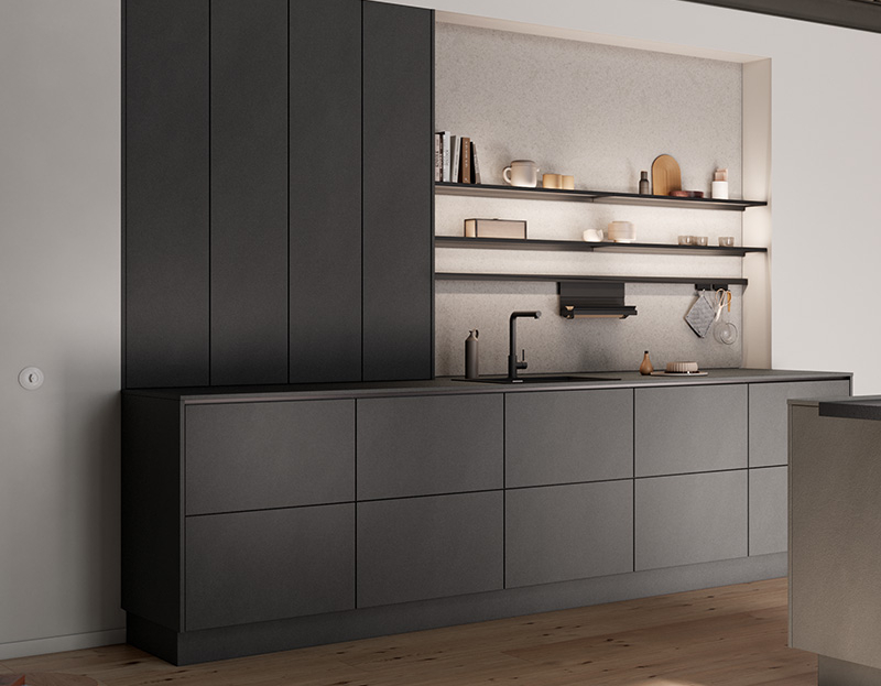 Küchenzeile im Industrial Style: Häcker systemat AV 2010-GL in Zement dunkelgrau mit offenen Metallregalen