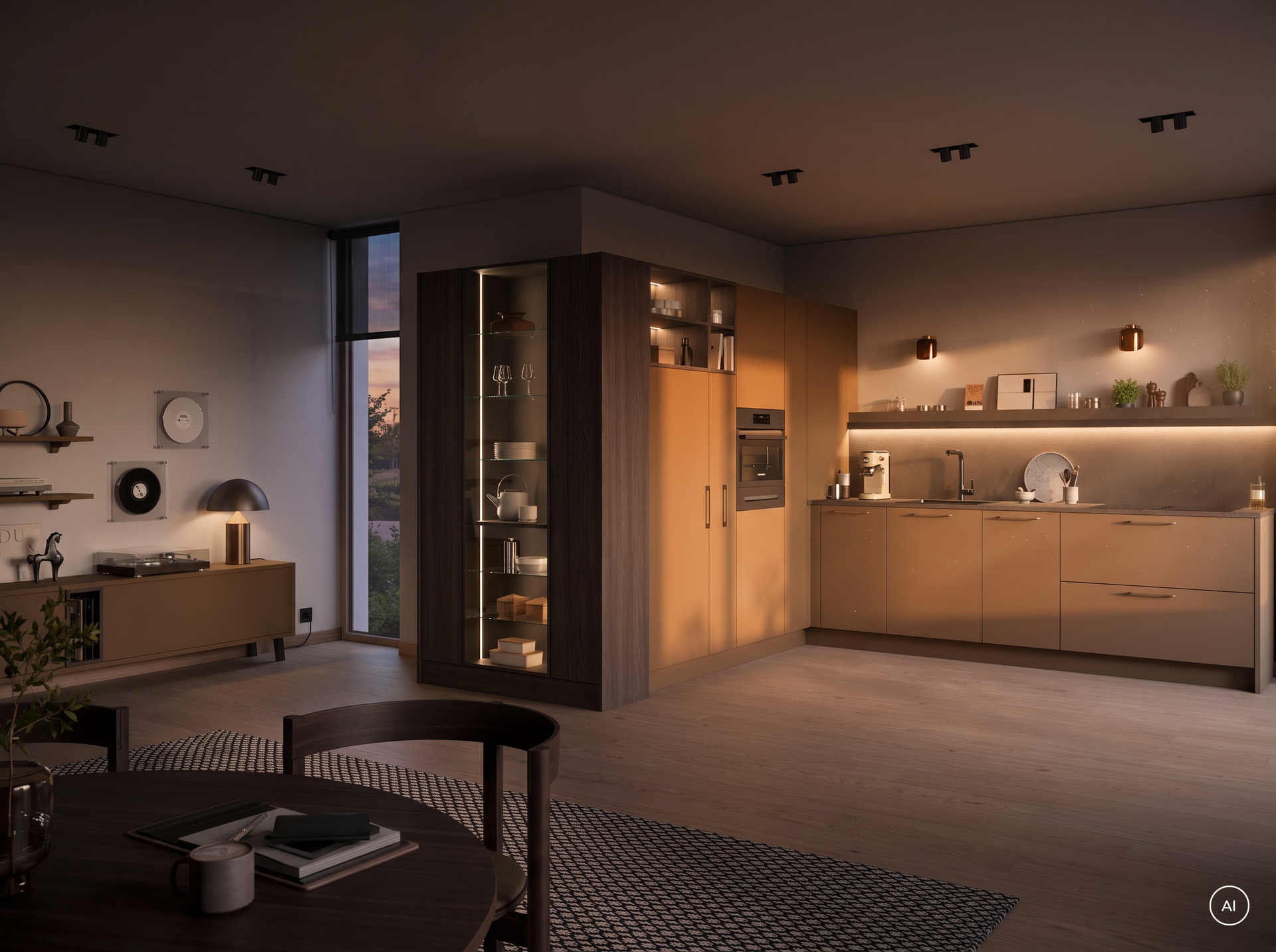 L-Form-Küche in Caramel mit beleuchtetem Glasschrank und Lichtband in der Abenddämmerung, Häcker concept130