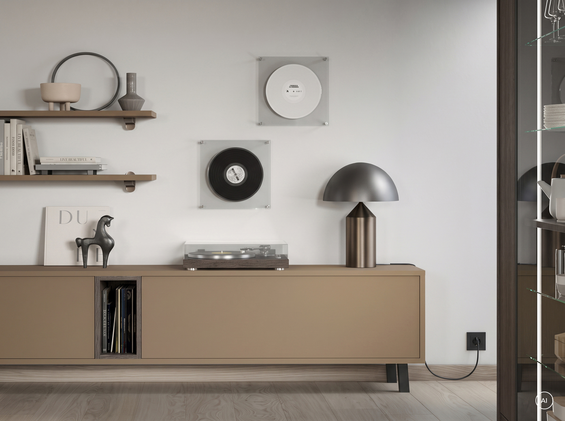Sideboard in Caramel mit offenem Fach für Schallplatten im Wohnbereich, farblich auf die Küche abgestimmt, Häcker concept130