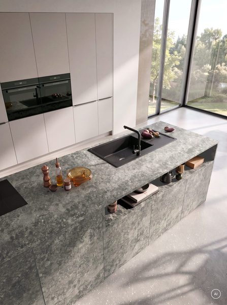 Spüle und Kochfeld auf einer Kücheninsel in Anthrazit-Granitoptik, Häcker concept130 ATRIUM