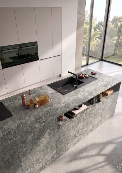 Spüle und Kochfeld auf einer Kücheninsel in Anthrazit-Granitoptik, Häcker concept130 ATRIUM