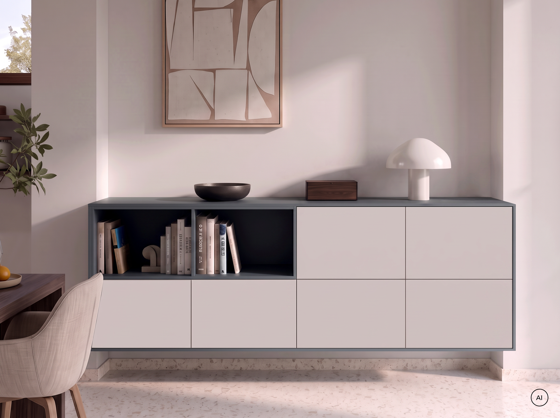 Sideboard mit offenen Fächern und hellen Fronten im Wohnbereich, abgestimmt auf die blaue Küche, Häcker concept130