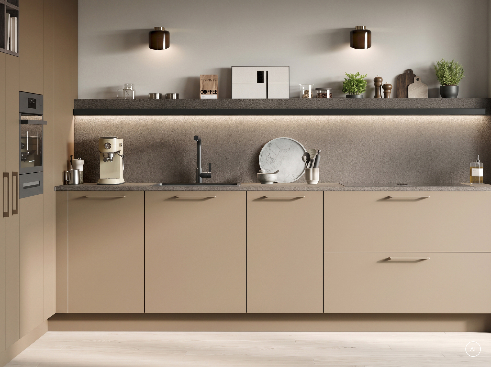 Unterschrankzeile mit matten Fronten in Caramel, Spüle und Kochfeld, Häcker concept130 TOP SOFT Selection