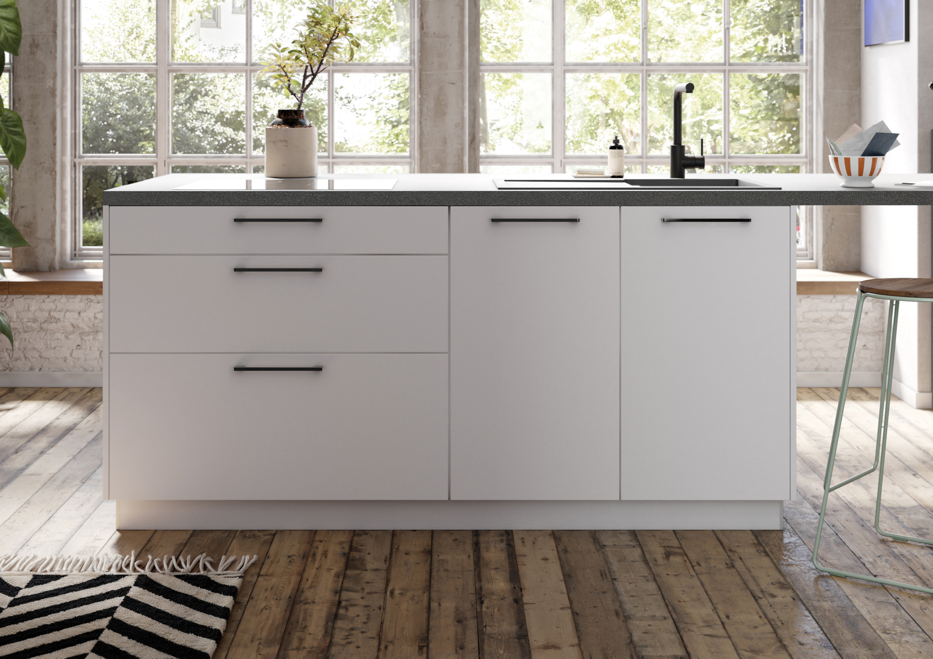 Ansicht von vorne: Kücheninsel mit Unterschrank und Auszug der concept130 ASTRA Zement-dunkel TOP SOFT Kristallweiß Ansicht von vorne: Kücheninsel mit Unterschrank und Auszug der concept130 ASTRA Zement-dunkel TOP SOFT Kristallweiß