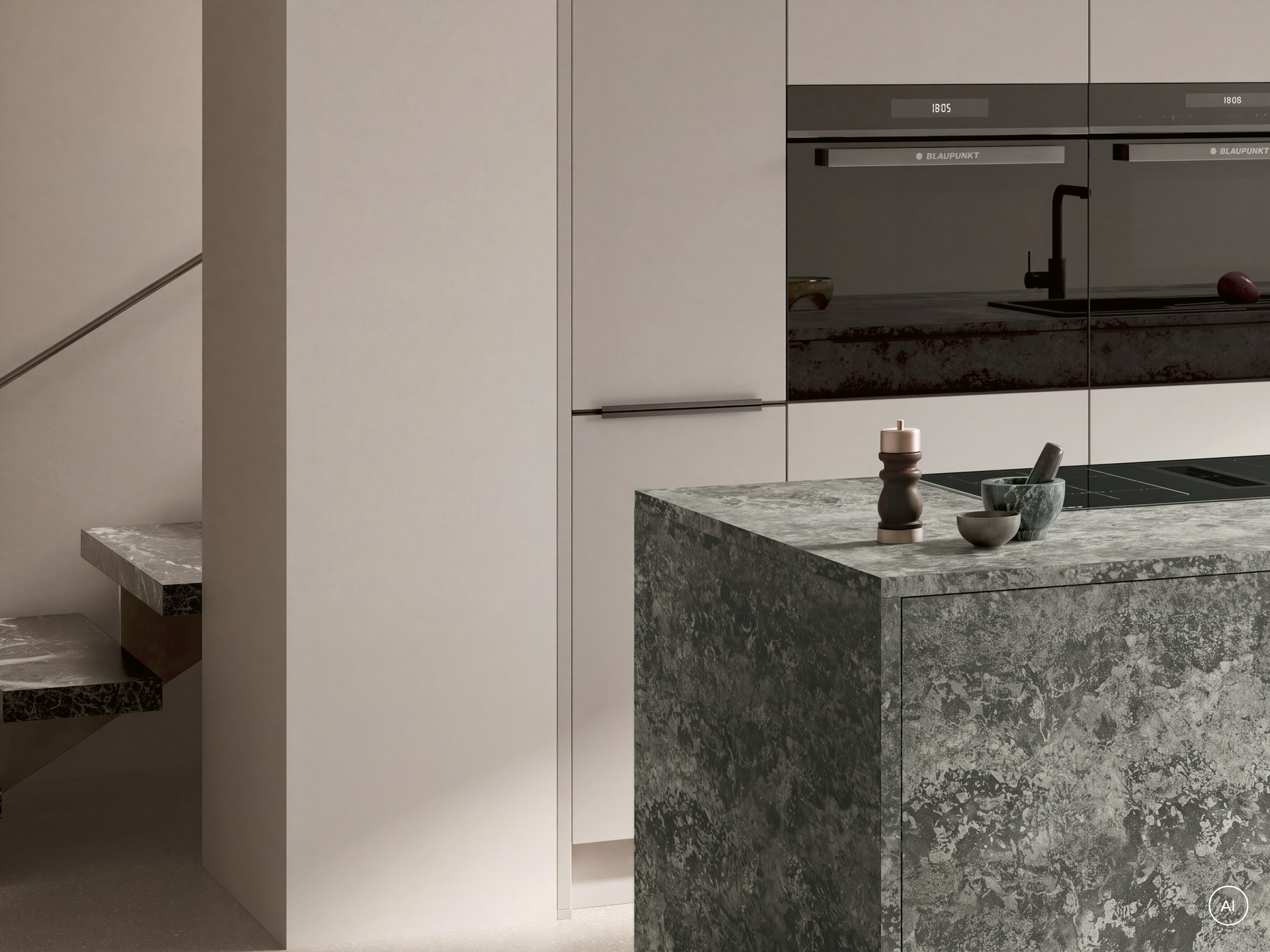 Kante einer Kücheninsel in Granitoptik: Front und Arbeitsplatte im selben Dekor Granit-dunkelgrau, Häcker concept130 ATRIUM