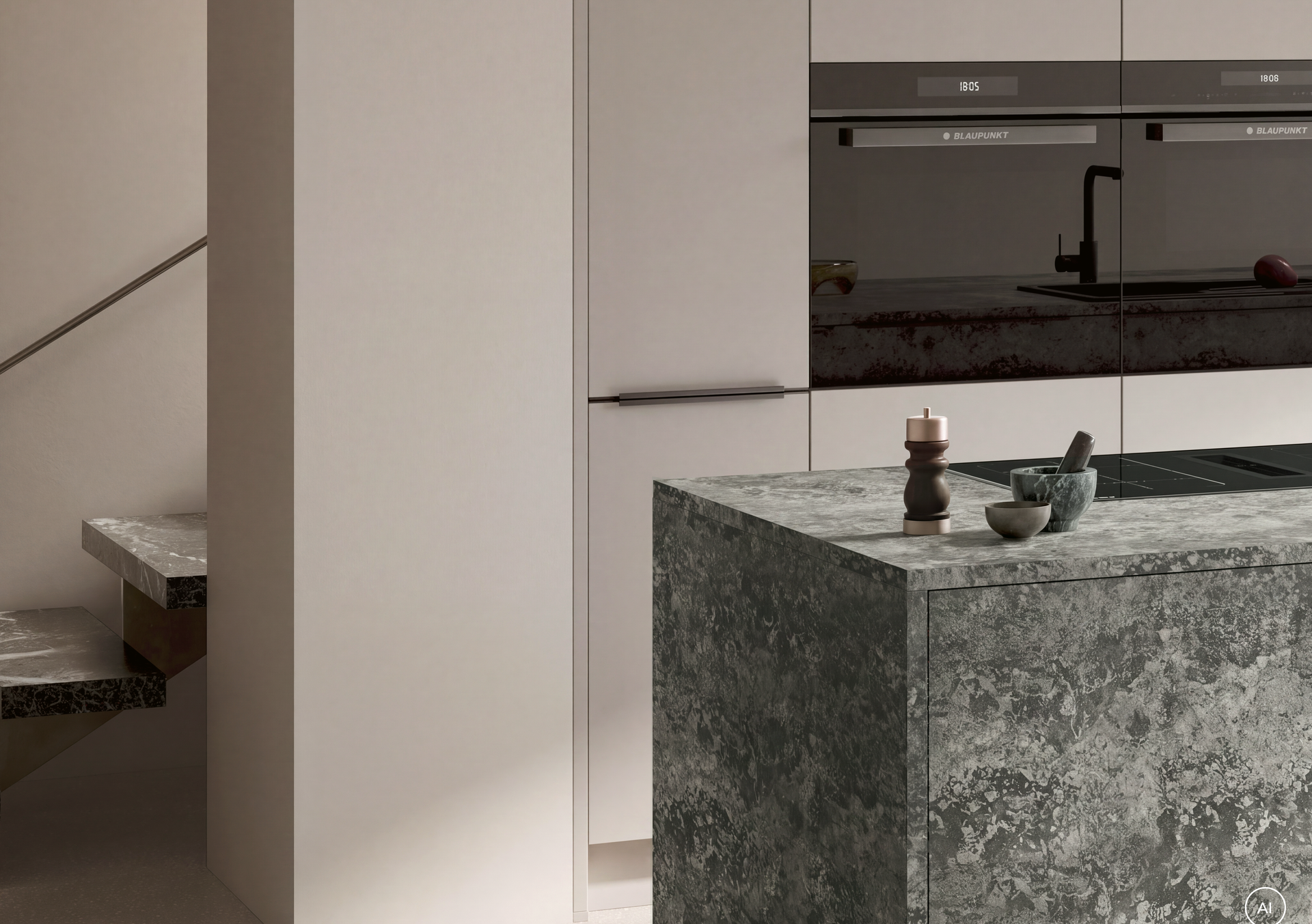 Kante einer Kücheninsel in Granitoptik: Front und Arbeitsplatte im selben Dekor Granit-dunkelgrau, Häcker concept130 ATRIUM