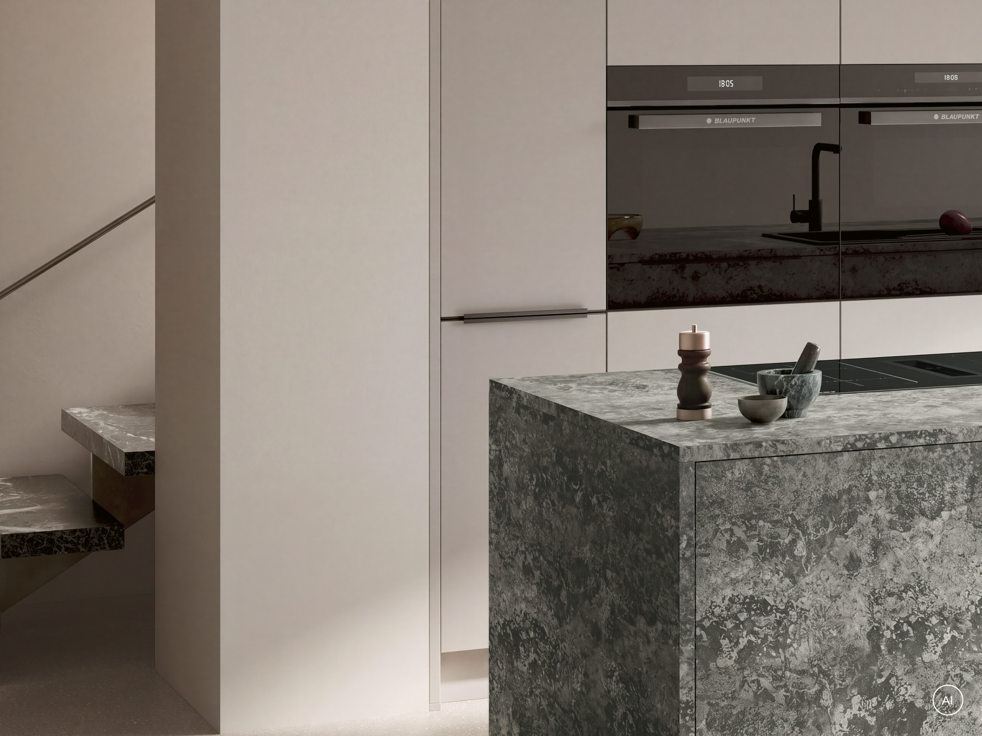 Bordure d'un îlot de cuisine aspect granit : façade et plan de travail dans le même décor « granit gris foncé », Häcker concept130 ATRIUM