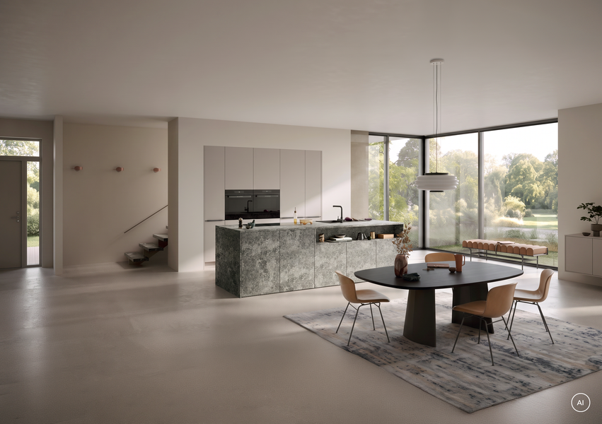 Offener Wohnraum mit Kücheninsel in Anthrazit, Hochschrankwand in Steinbeige und Esstisch, Häcker concept130 ATRIUM