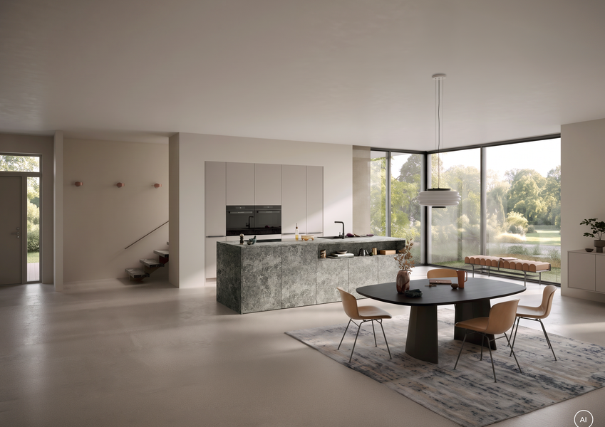 Offener Wohnraum mit Kücheninsel in Anthrazit, Hochschrankwand in Steinbeige und Esstisch, Häcker concept130 ATRIUM