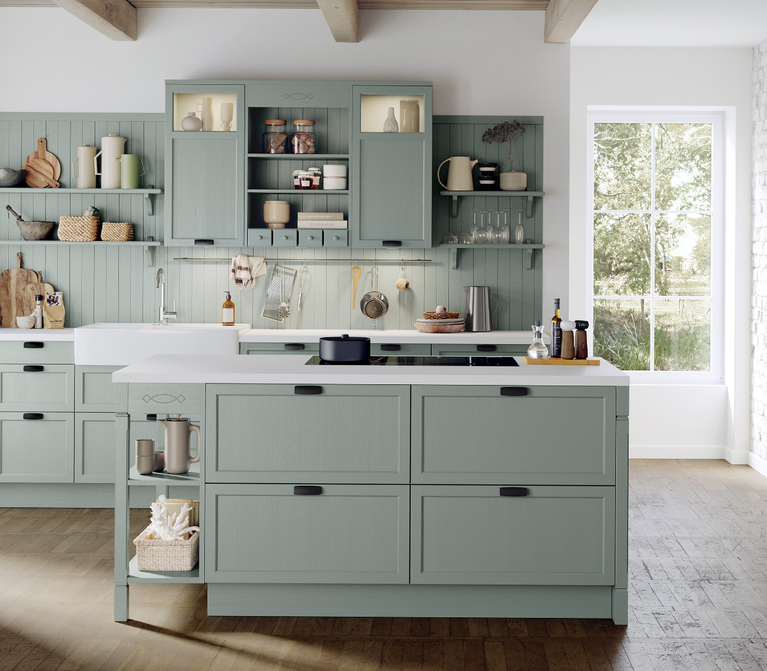 Cocina rústica Häcker concept130 BRISTOL en verde eucalipto con isla de cocina