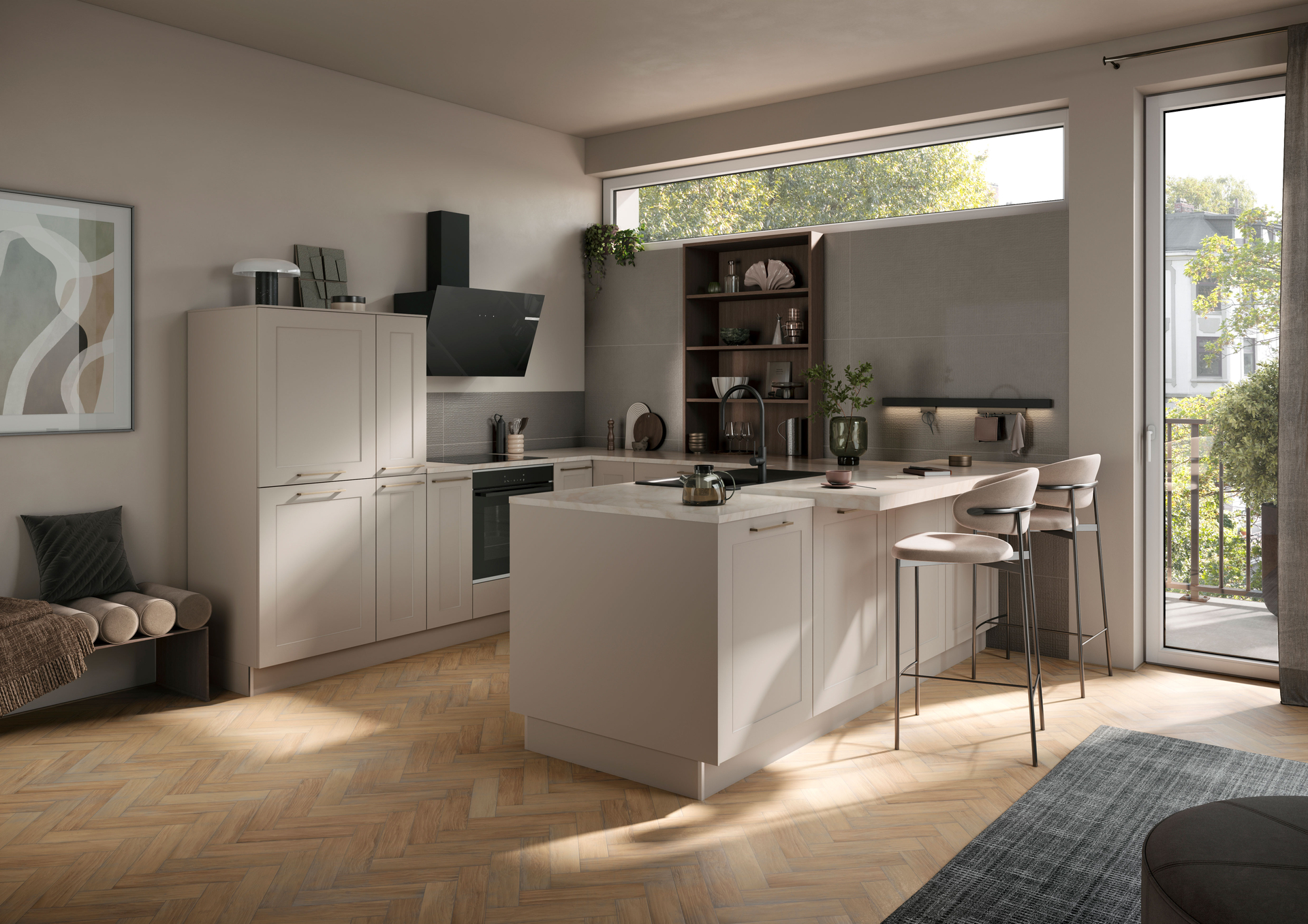 Moderne Landhausküche mit Rahmenfronten in Kaschmir, Halbinsel mit Theke und offenen Regalen in Eiche-trüffelschwarz, Häcker concept130 KORFU
