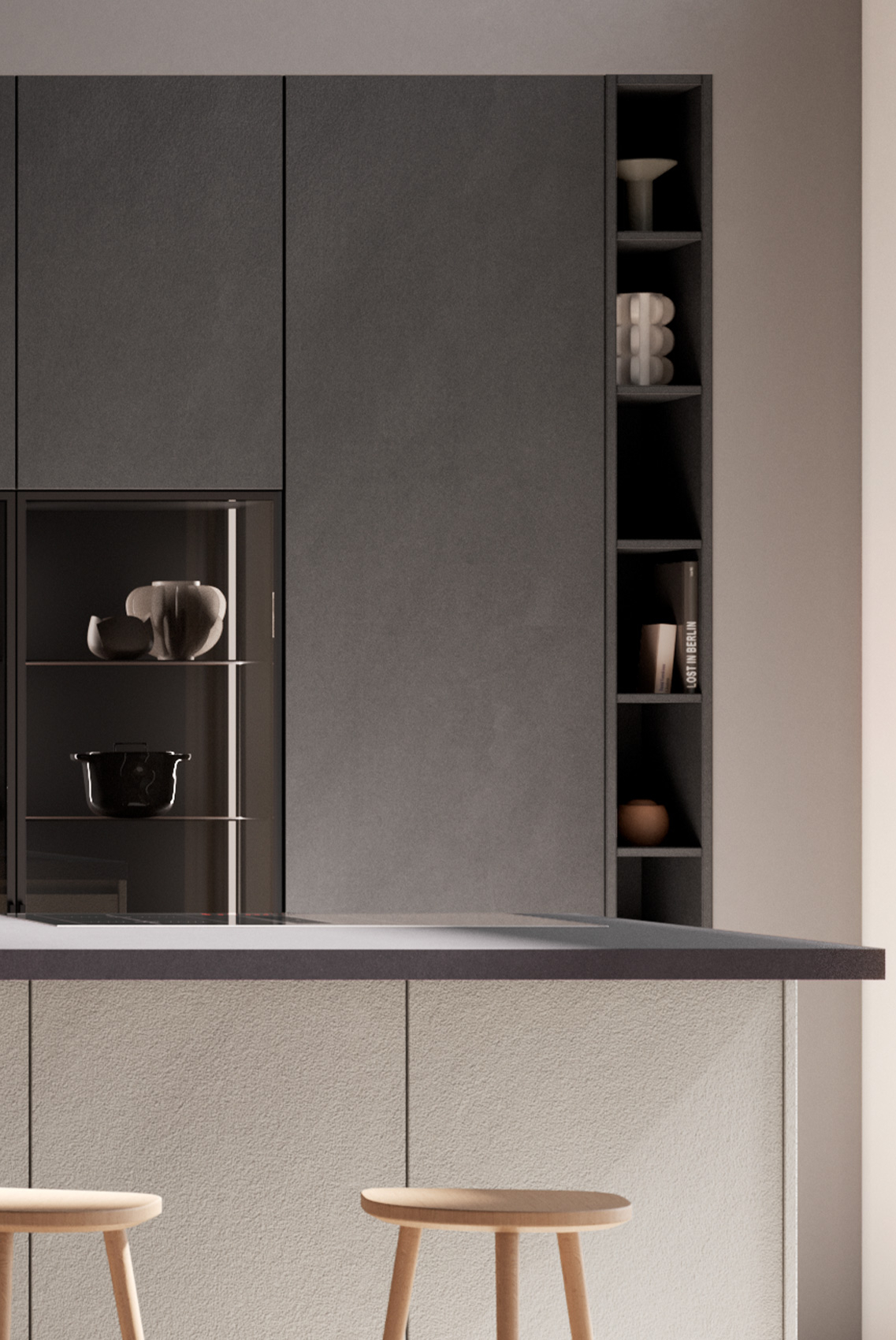 Häcker systemat AV 2010-GL in Zement dunkelgrau mit Glasvitrinen und Kochinsel im Industrial Design