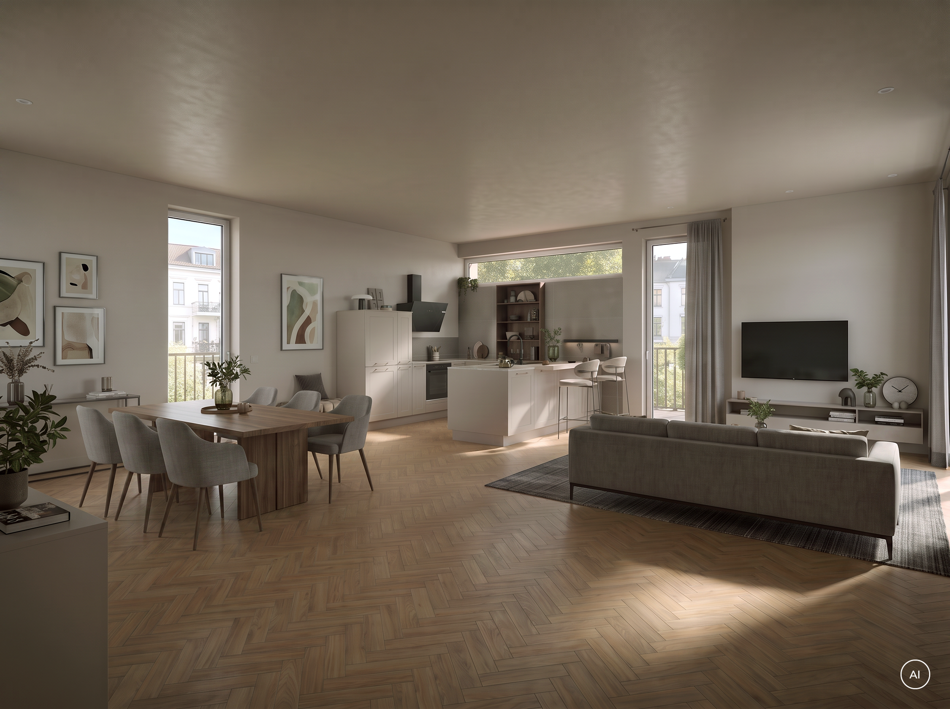 ffener Wohnraum mit moderner Landhausküche in Kaschmir, Esstisch und Wohnbereich, Häcker concept130 KORFU