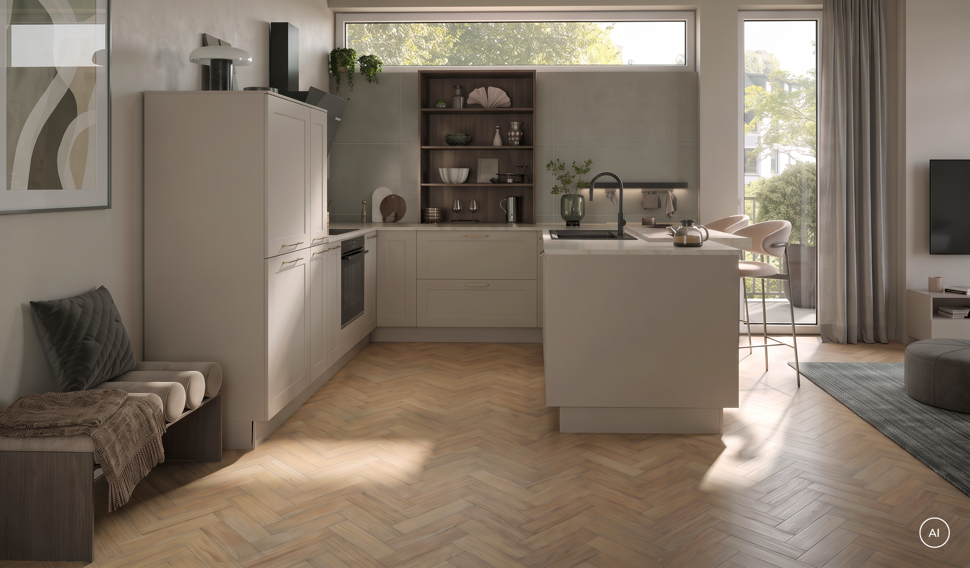 U-förmige Landhausküche in Kaschmir mit Halbinsel, Spüle und Theke mit zwei Sitzplätzen, Häcker concept130 KORFU
