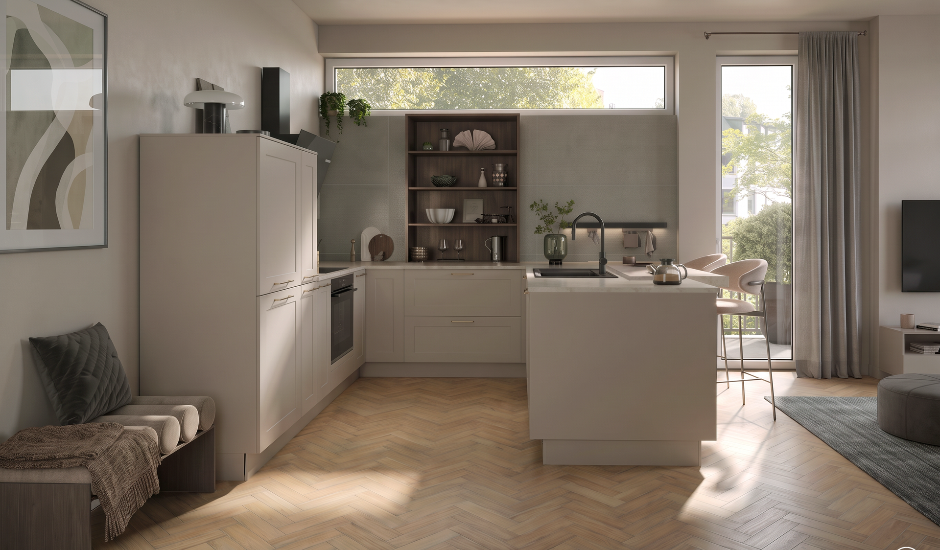 U-förmige Landhausküche in Kaschmir mit Halbinsel, Spüle und Theke mit zwei Sitzplätzen, Häcker concept130 KORFU