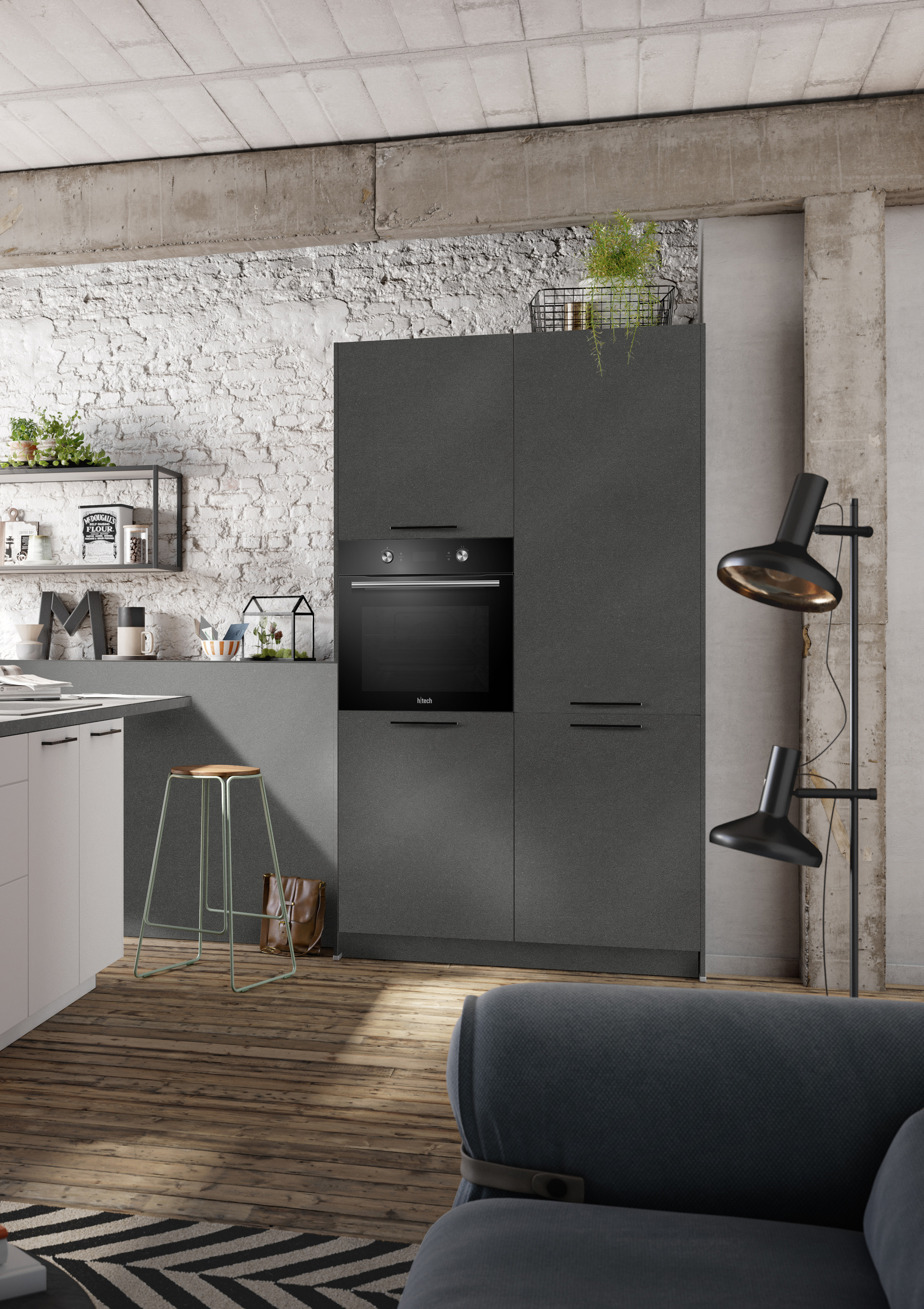 Hochschrank mit Backofen auf Augenhöhe der concept130 ASTRA Zement-dunkel TOP SOFT Kristallweiß Hochschrank mit Backofen auf Augenhöhe der concept130 ASTRA Zement-dunkel TOP SOFT Kristallweiß