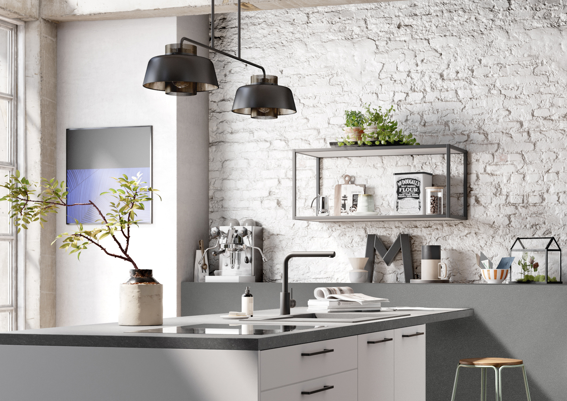 Offenes One Regal aus Metall und darunterliegende Ablage der concept130 ASTRA Zement-dunkel TOP SOFT Kristallweiß Offenes One Regal aus Metall und darunterliegende Ablage der concept130 ASTRA Zement-dunkel TOP SOFT Kristallweiß