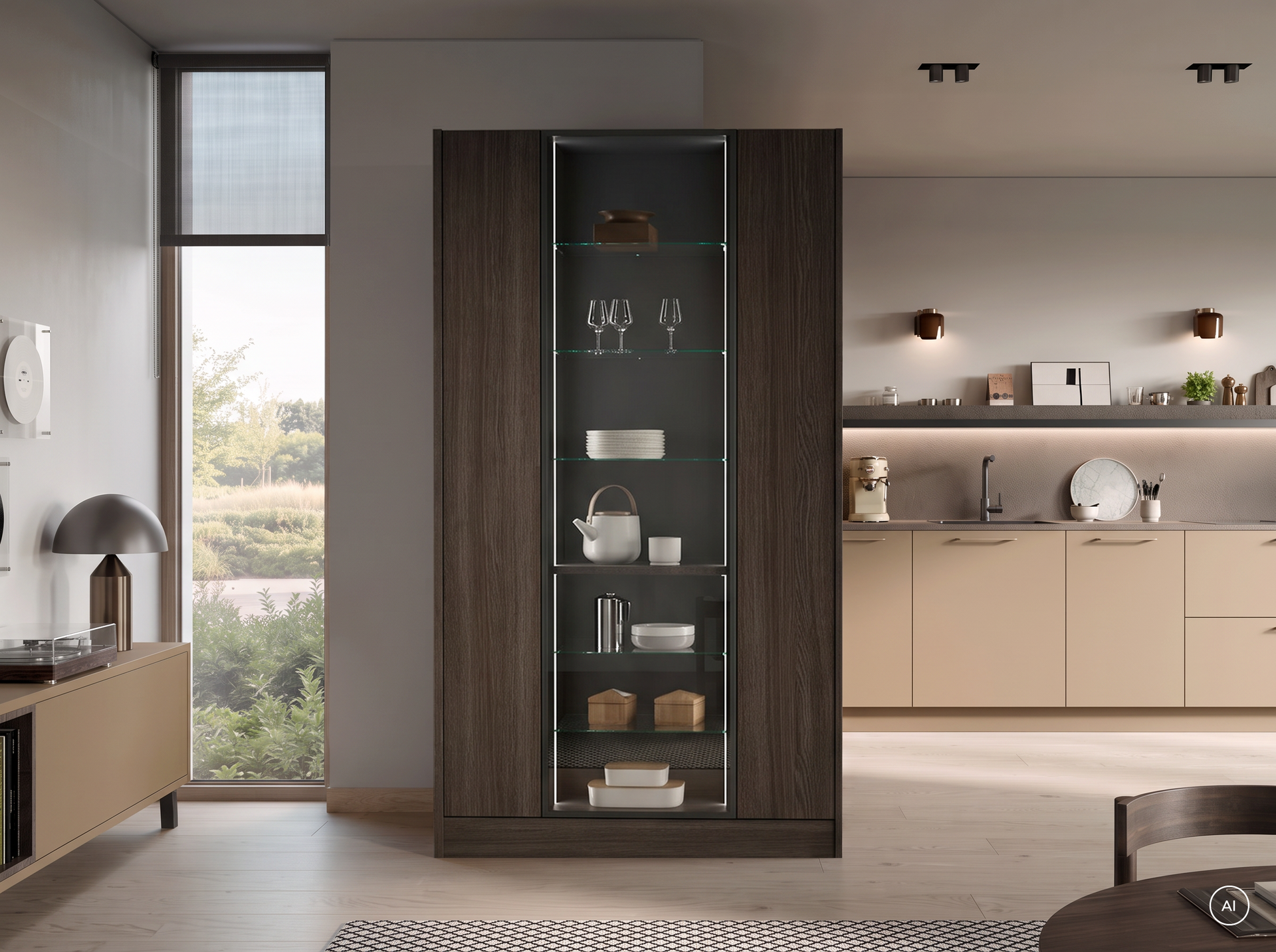 Beleuchteter Glasschrank mit Rahmen in Eiche-trüffelschwarz und Innenausstattung in Titan, Gläser und Geschirr auf Glasböden, Häcker concept130
