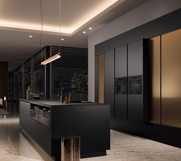 Häcker systemat AV7070-GL moderne Küche in Bronze mit AV6088-GL Eiche schwarz und Kücheninsel