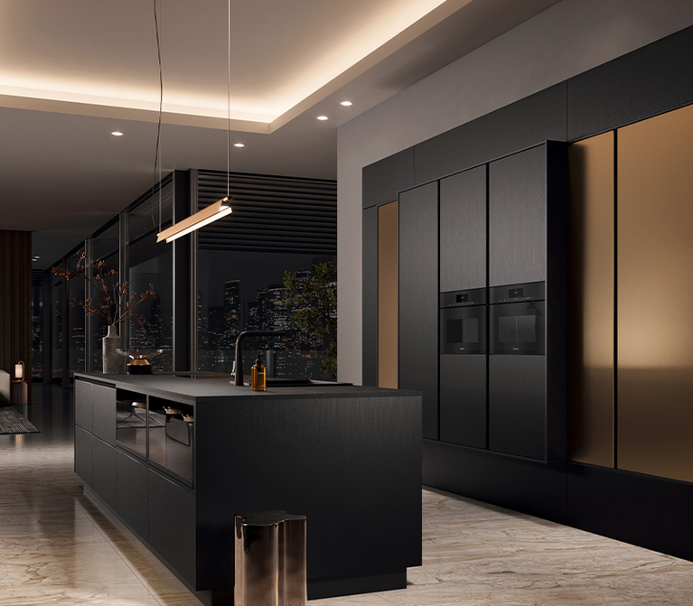 Häcker systemat AV7070-GL moderne Küche in Bronze mit AV6088-GL Eiche schwarz und Kücheninsel