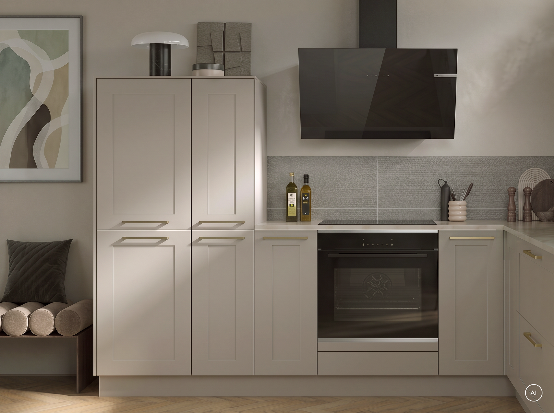 Kochfeld mit Backofen und schwarzer Wandhaube in einer Landhausküche mit Rahmenfronten in Kaschmir, Häcker concept130 KORFU