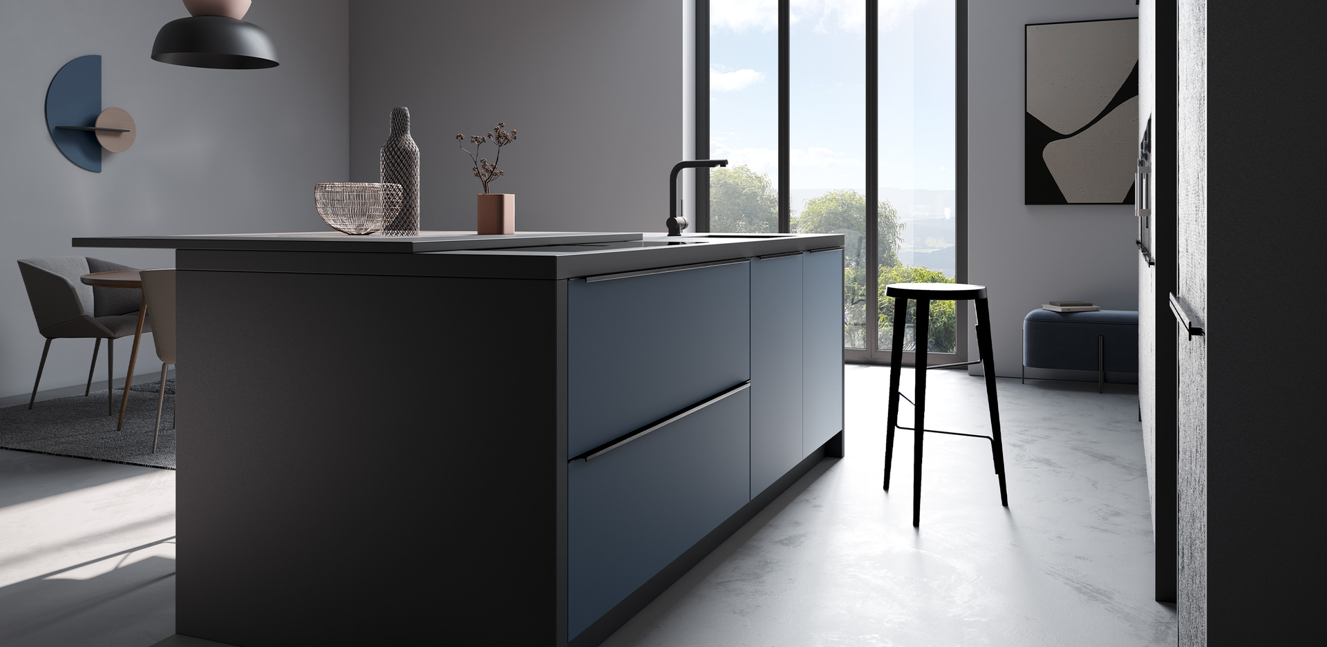 Vrijstaand keukeneiland met vrij zicht boven de kookplaat – Häcker systemat AV 7030 Black-star in NCS-kleur