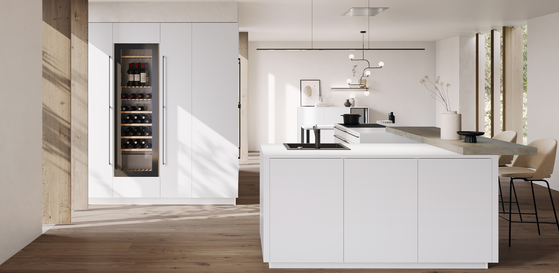 Vista detallada de una vinoteca Blaupunkt con cajones de madera e iluminación interior