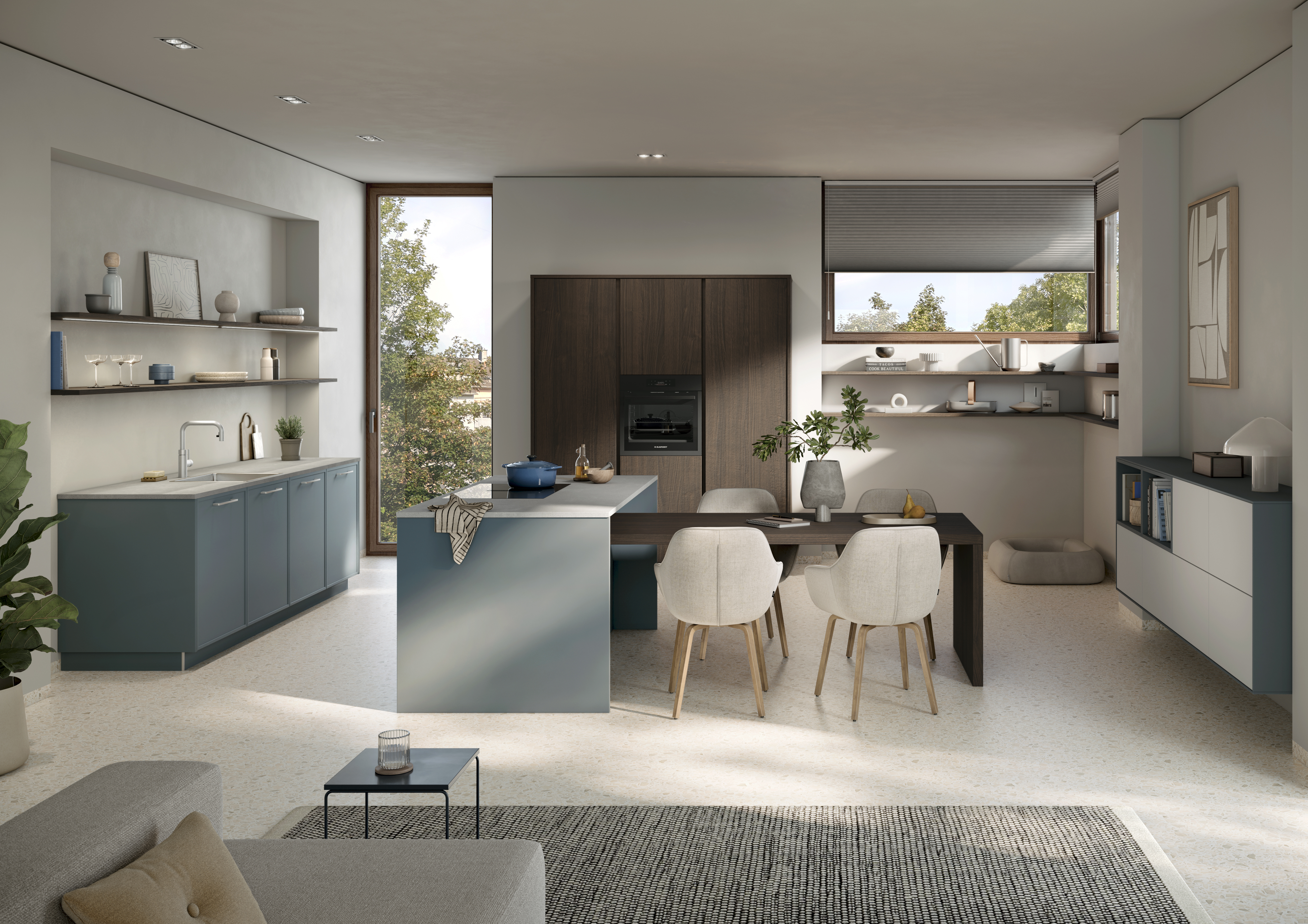 Totaalbeeld van een concept130 in GOYA-geniaanblauw met accenten in naturel walnoot