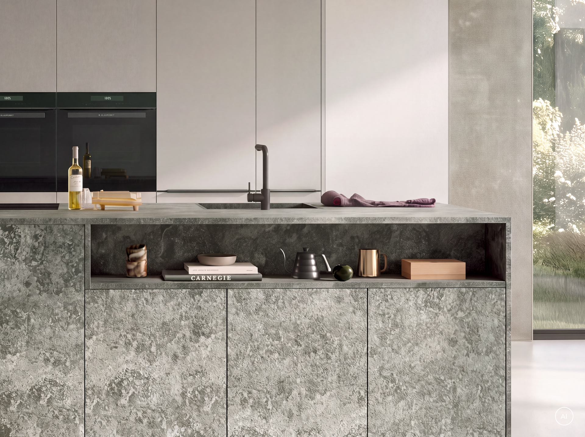Open opbergruimte in een keukeneiland in granietlook met kookboeken en serviesgoed, Häcker concept130 ATRIUM