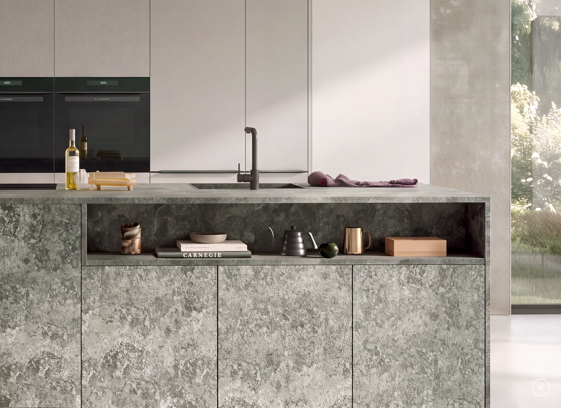 Offene Ablage in einer Kücheninsel in Granitoptik mit Kochbüchern und Geschirr, Häcker concept130 ATRIUM