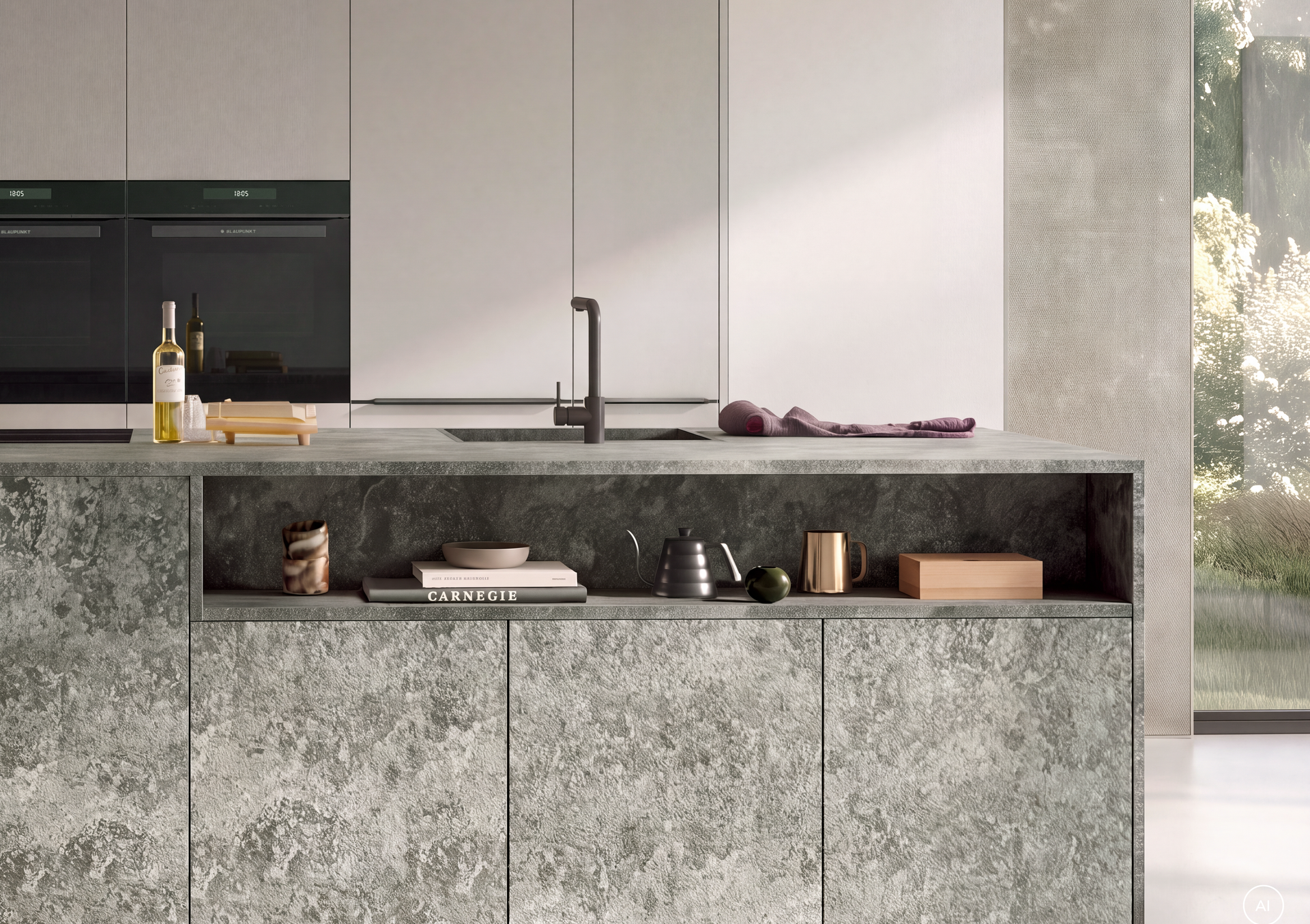 Offene Ablage in einer Kücheninsel in Granitoptik mit Kochbüchern und Geschirr, Häcker concept130 ATRIUM