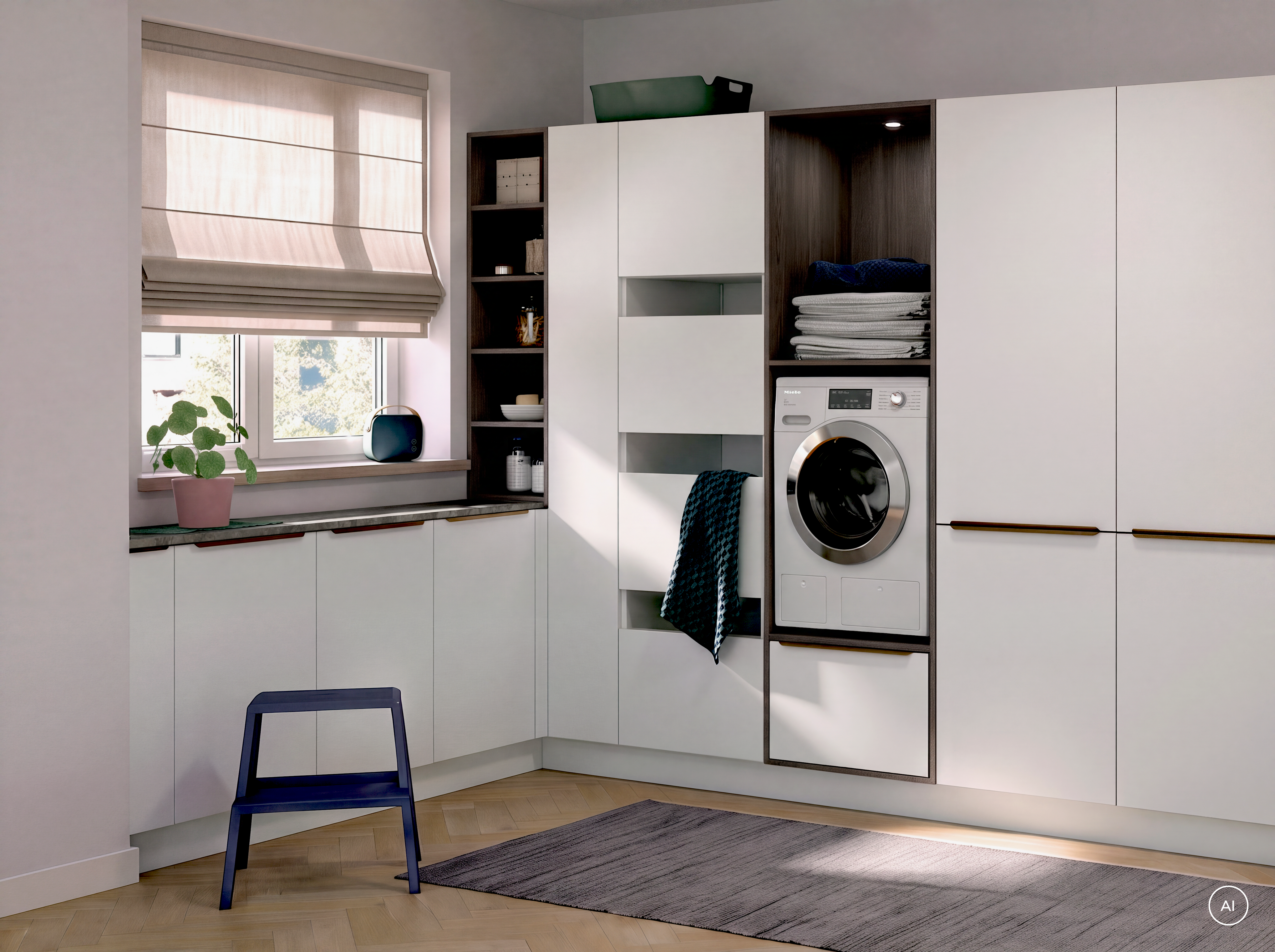Hauswirtschaftsraum-Möbel in Kristallweiß mit Waschmaschine auf Arbeitshöhe und offenen Fächern für Wäschekörbe, Häcker concept130 AURA