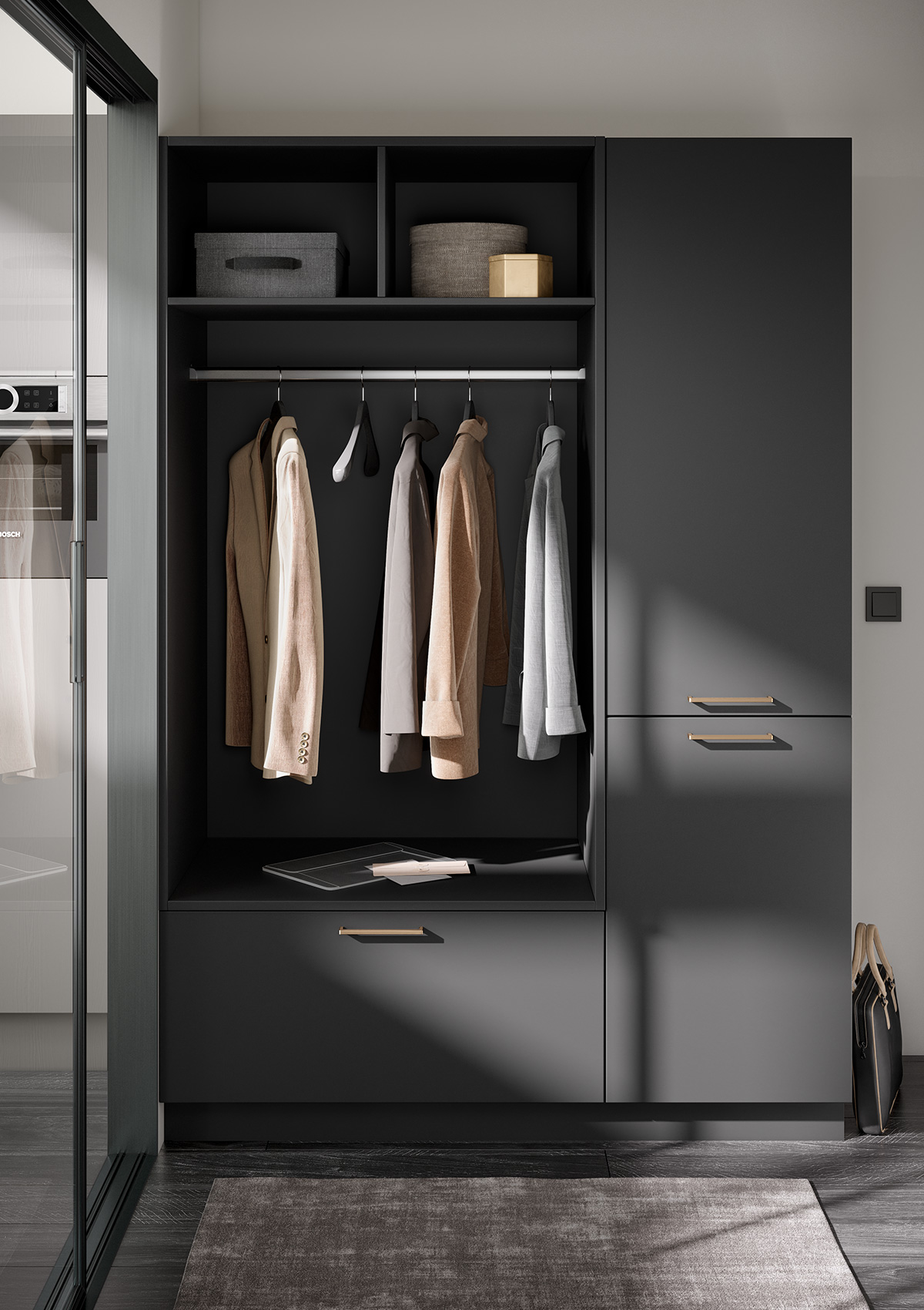 Illustration of the wardrobe in Uno Graphite with bronze-coloured handles