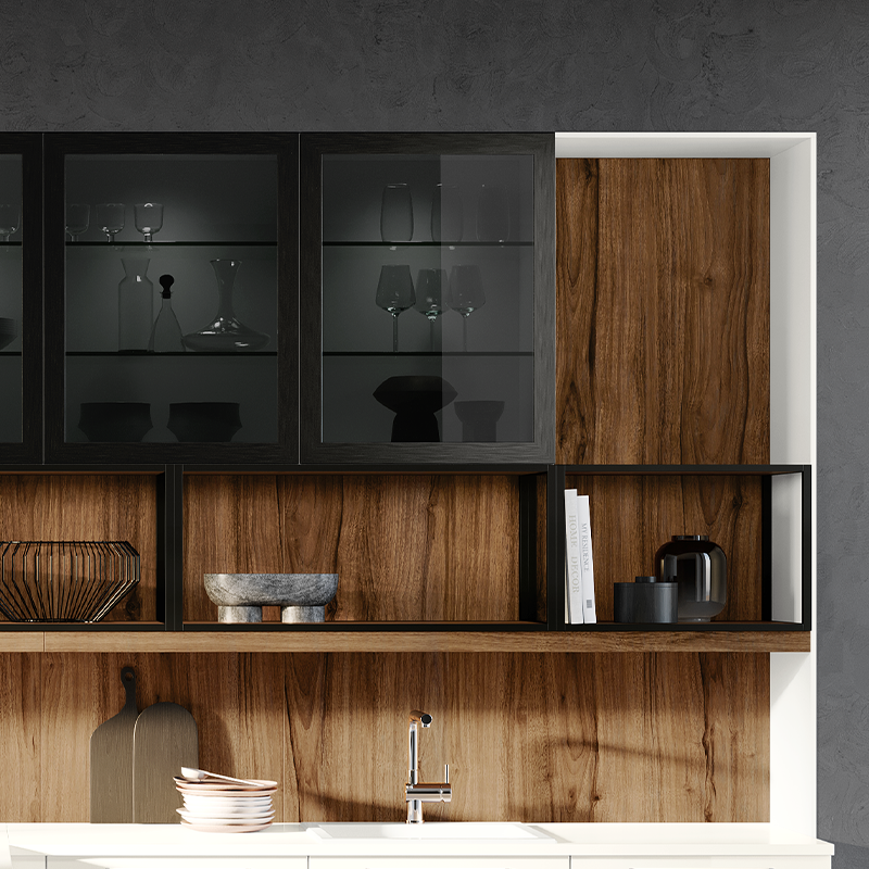 Detail of the walnut grain on the back wall, in front of which dark-tinted glass wall units and shelves are arranged
