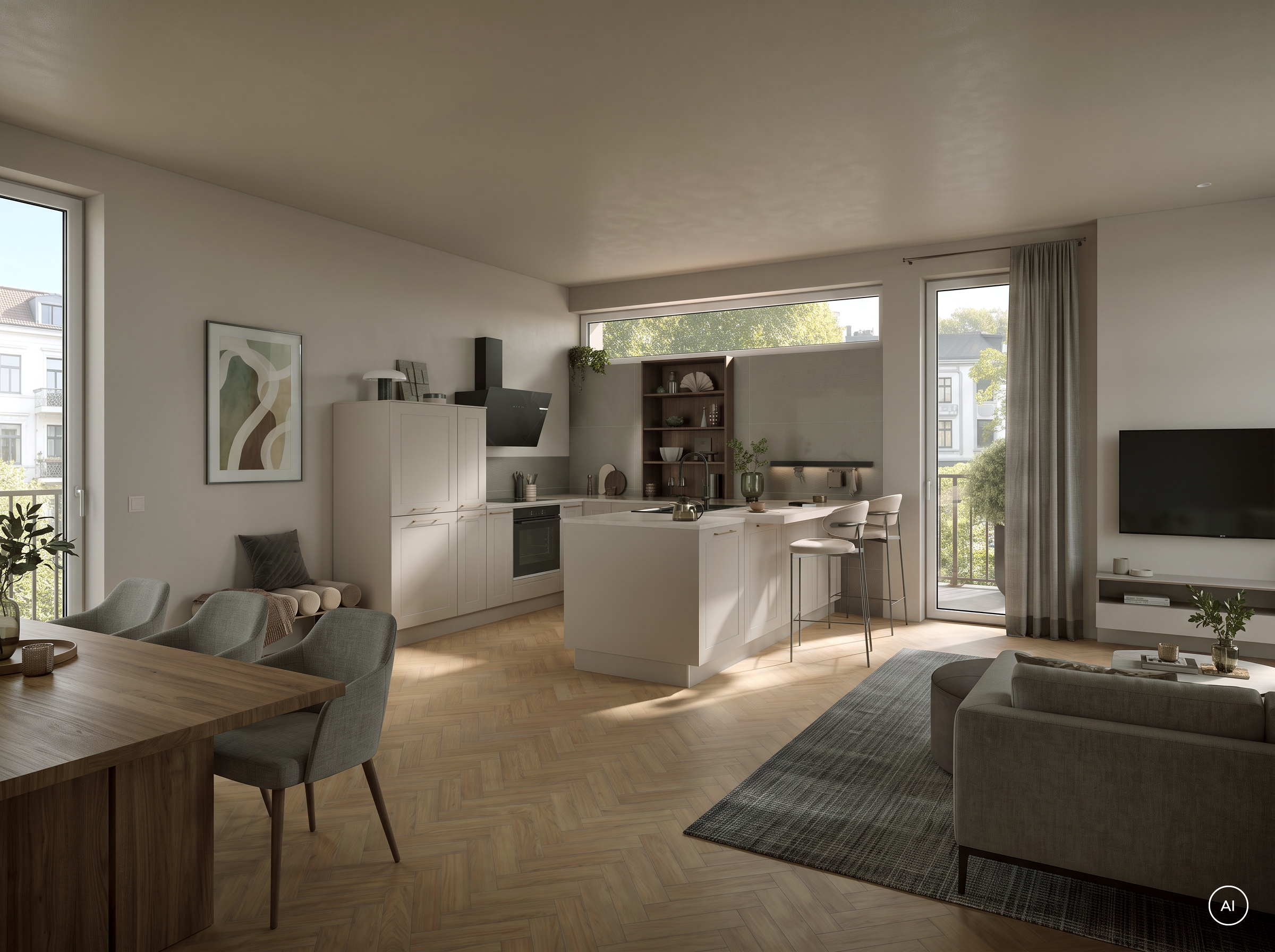 Moderne Landhausküche mit Rahmenfronten in Kaschmir, Halbinsel mit Theke und offenen Regalen in Eiche-trüffelschwarz, Häcker concept130 KORFU