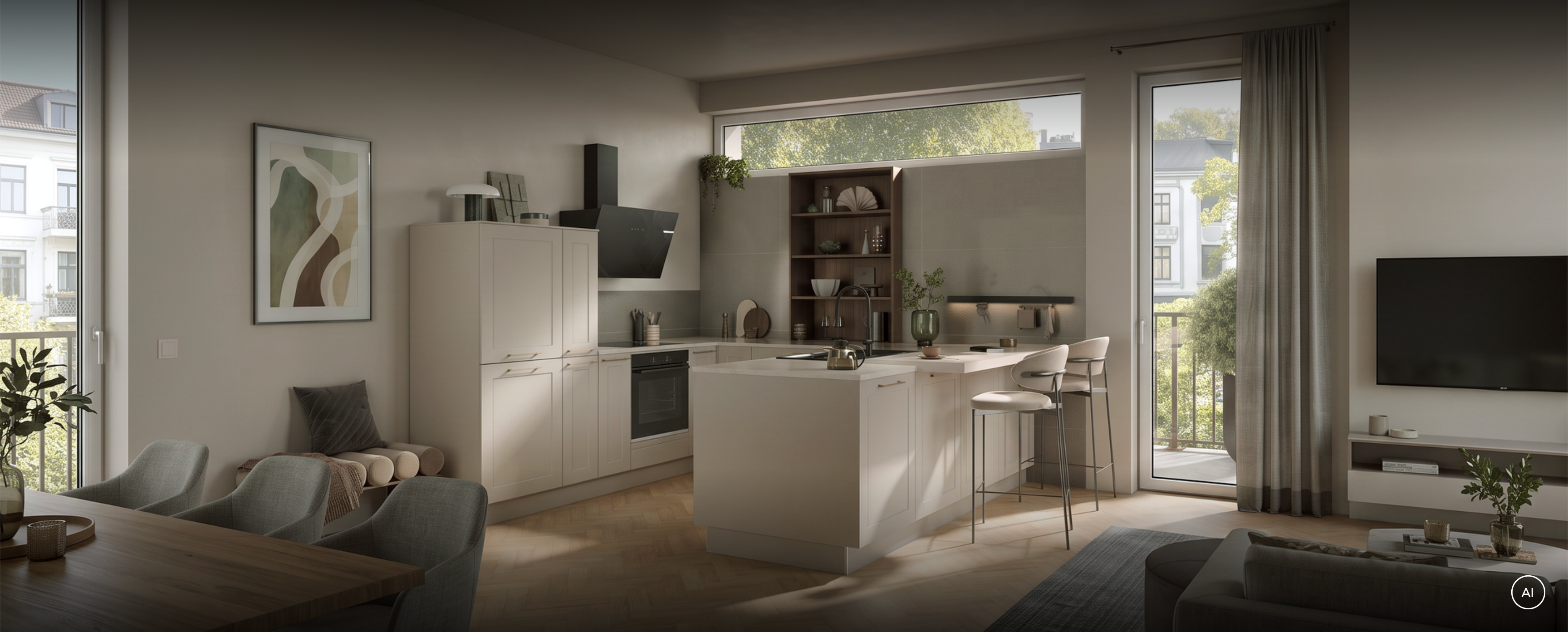Cuisine de style maison de campagne moderne avec des façades à cadre en cachemire, îlot avec comptoir et étagères ouvertes en chêne noir truffe, Häcker concept130 KORFU