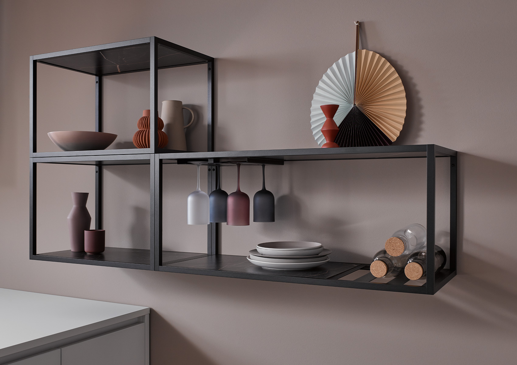 Picture of open metal shelving system One, black, flush with front, with decor inlay and metal frame profile