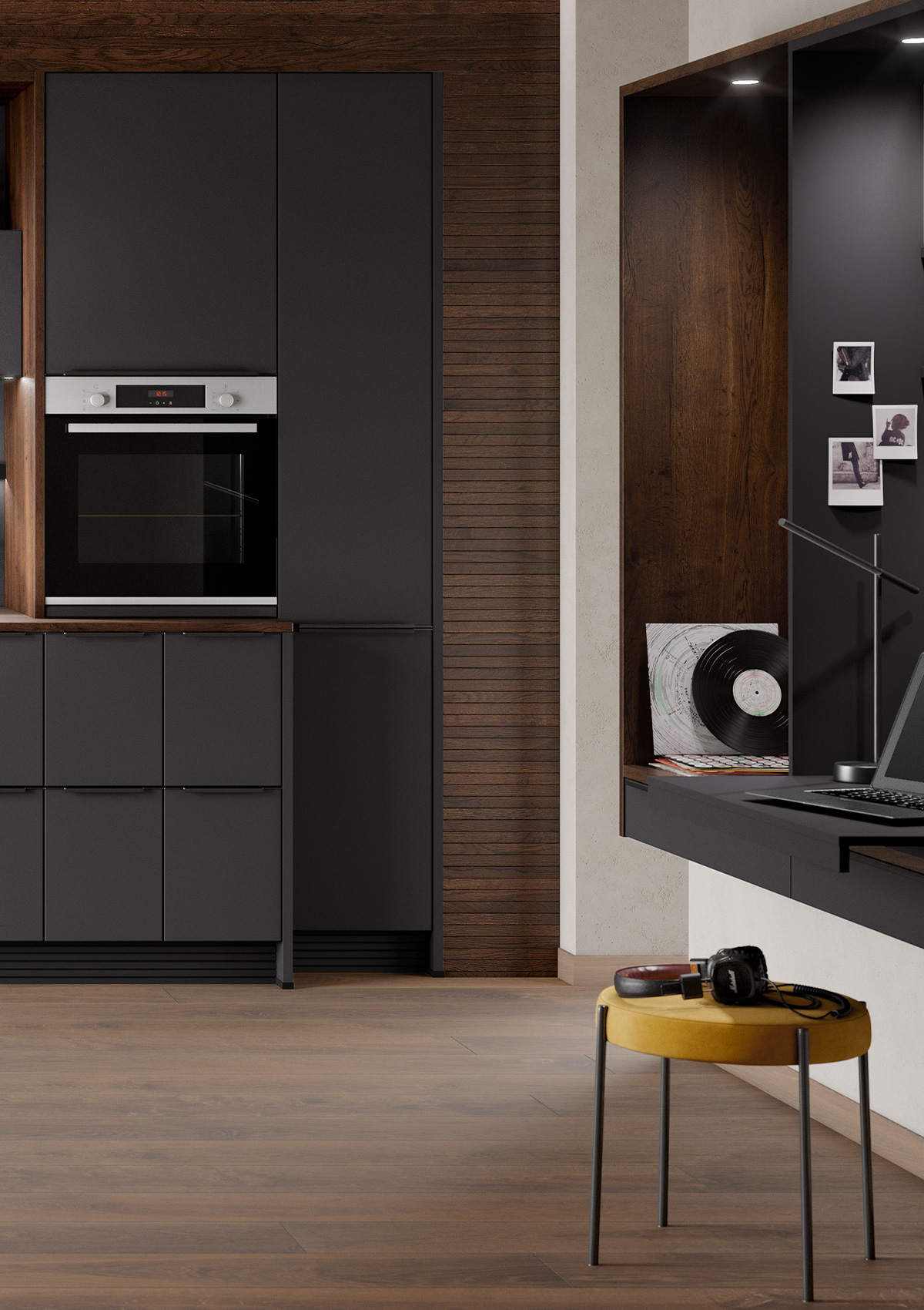 Image of the separate work area of the concept130 Murano Soft Graphite with office table and integrated shelves
