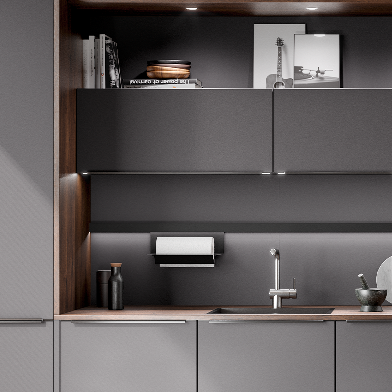 Detailed view of the work area with worktop, sink and wall units