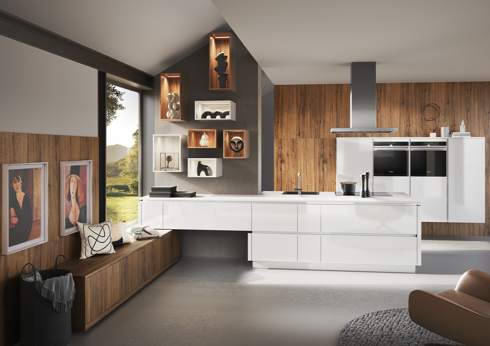 Küche mit Kochinsel und Sitzbank in weiß glänzend und Holzoptik