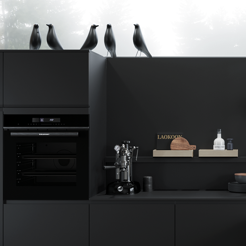 detailweergave van de Dark Steel oven van BLAUPUNKT, verzonken in het keukenblok in PERFECT SOFT zwart