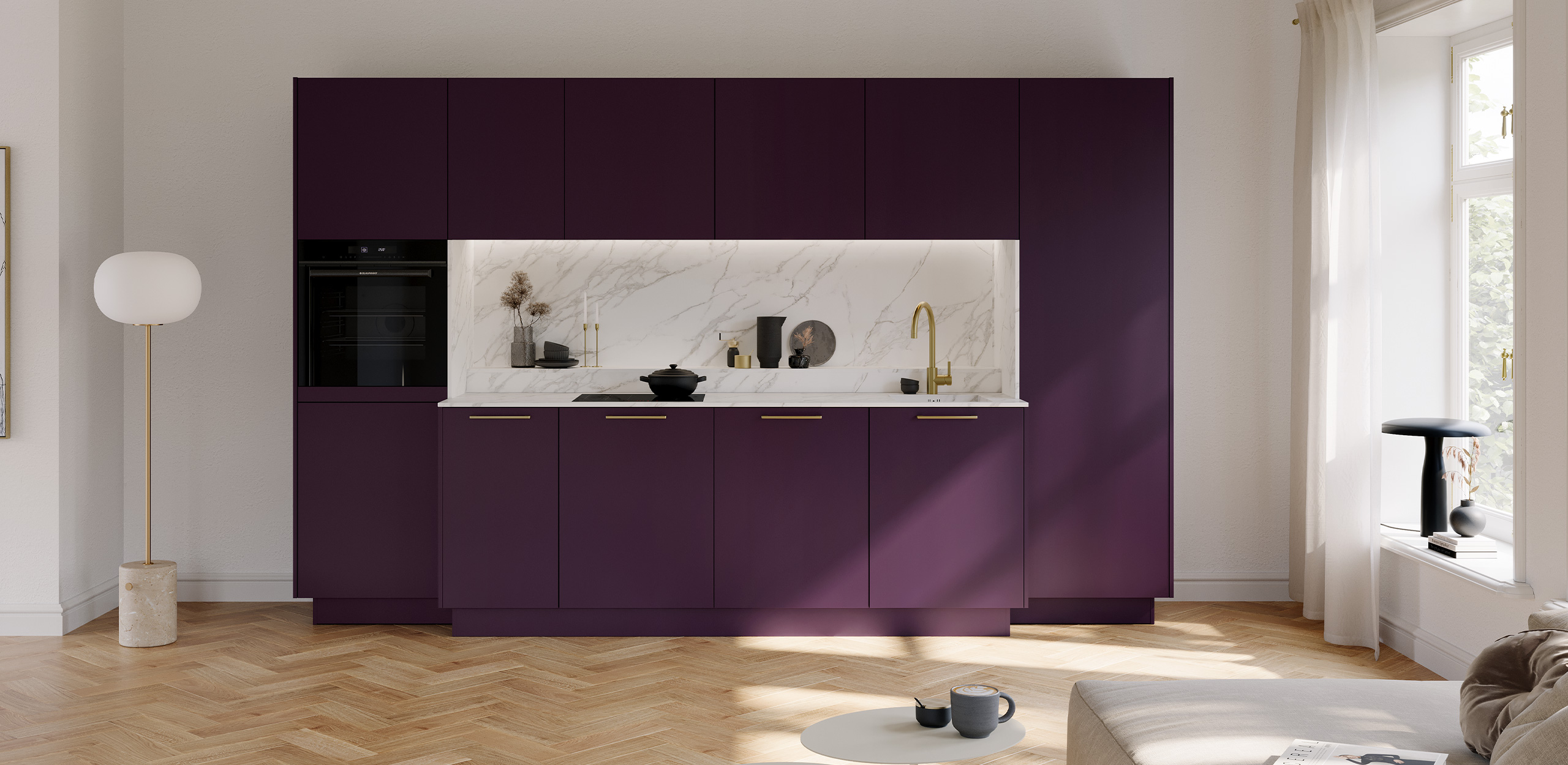 Kitchen unit in Blackberry with gold fittings