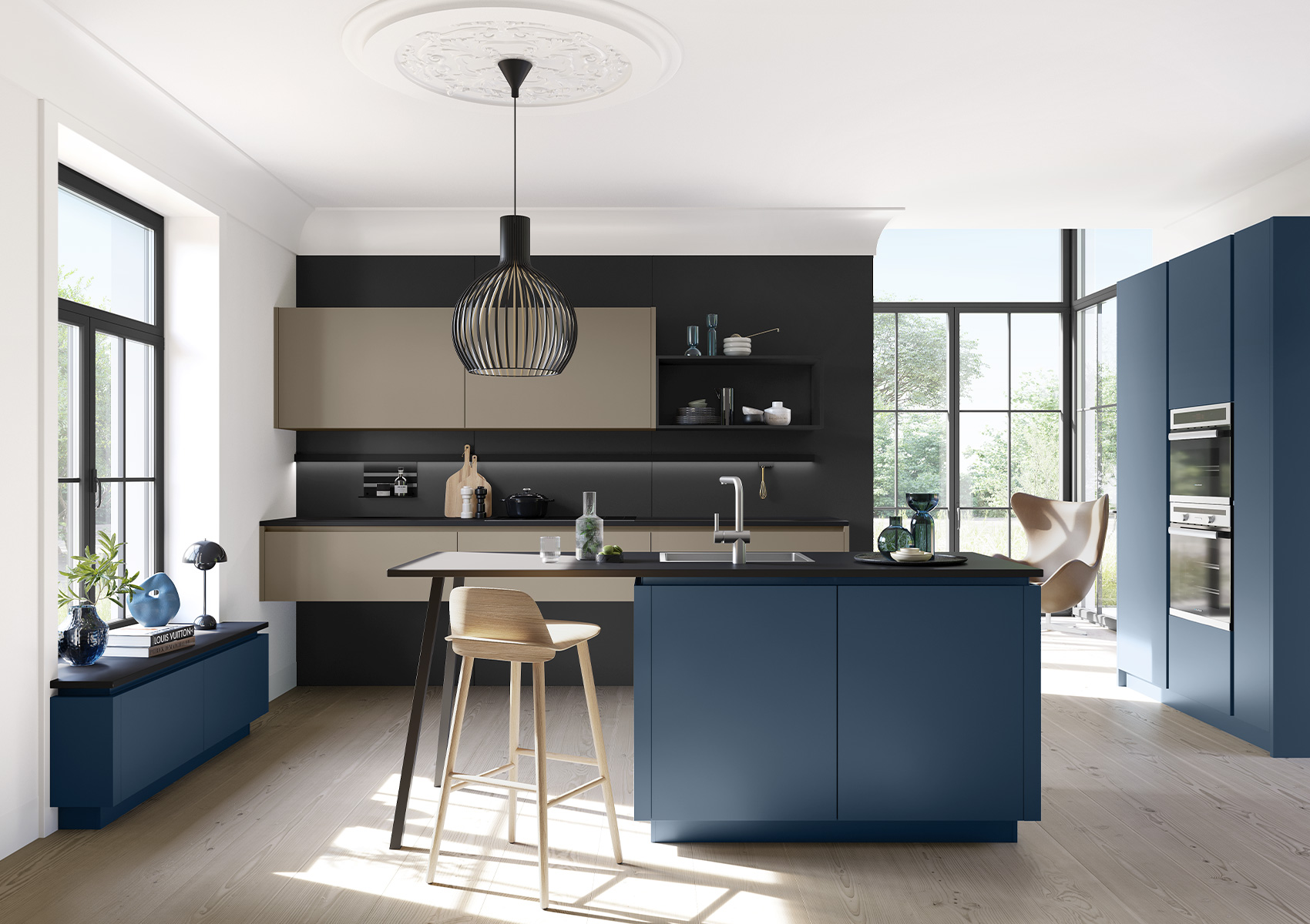 PORTO-GL Selection Ocean and Umbra-nature, frontal view of the kitchen, with window unit, kitchen island and tall unit