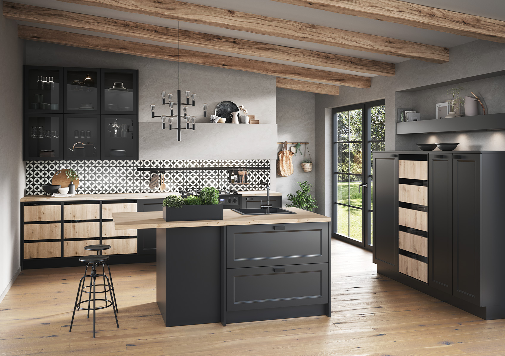 Bild der concept130 RAVENNA Schwarz mit Kücheninsel, Hochschränken und Barhockern