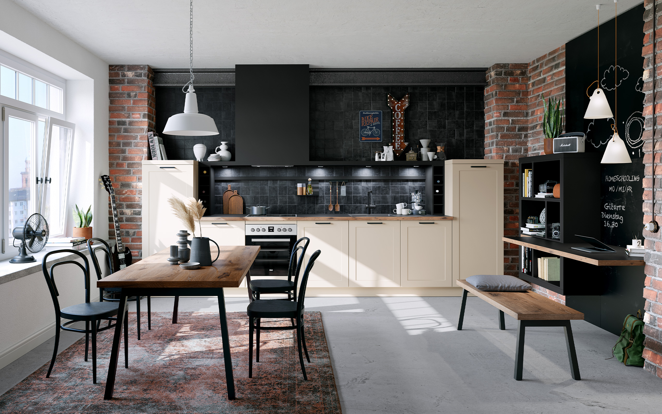 Imagen de la cocina completa concept130 ROMA Crema Magnolia con mueble de cocina, mesa de comedor con sillas y mesa de trabajo con banco.