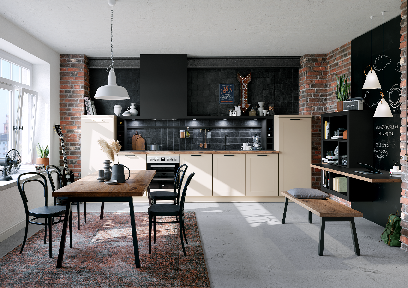 Cocina estilo casa de campo en color crema con detalles en negro