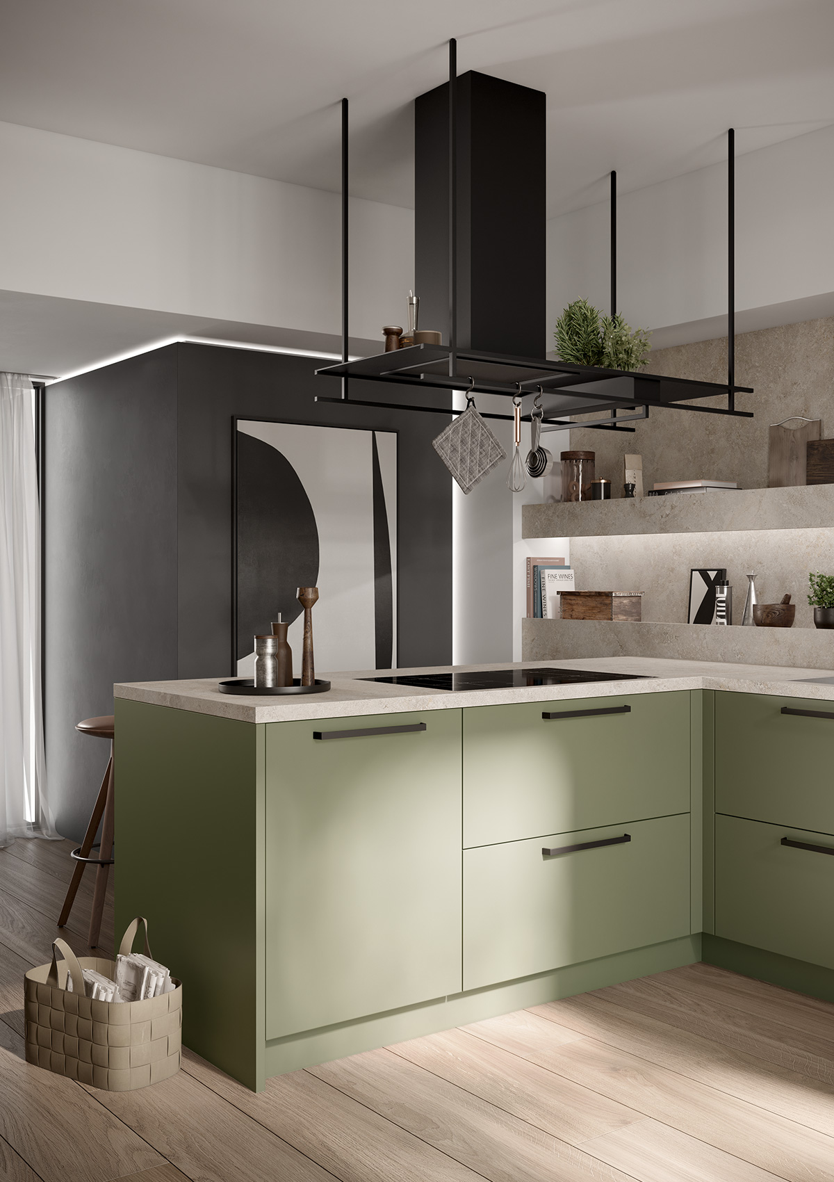 Picture of the kitchen counter of the concept130 Scala Olive Green, above it black extractor bonnet, in the foreground round dining table with chairs.