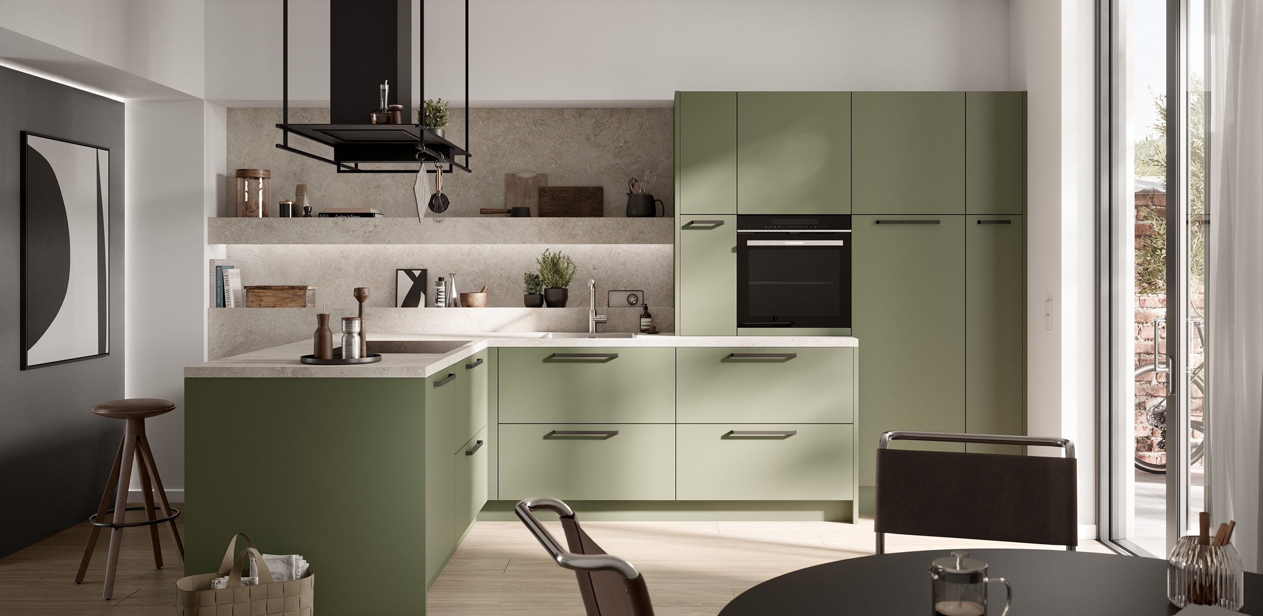 Bild der concept130 SCALA Olivgrün mit Küchenzeile, Hochschrank, olivgrünen Fronten und Küchentheke