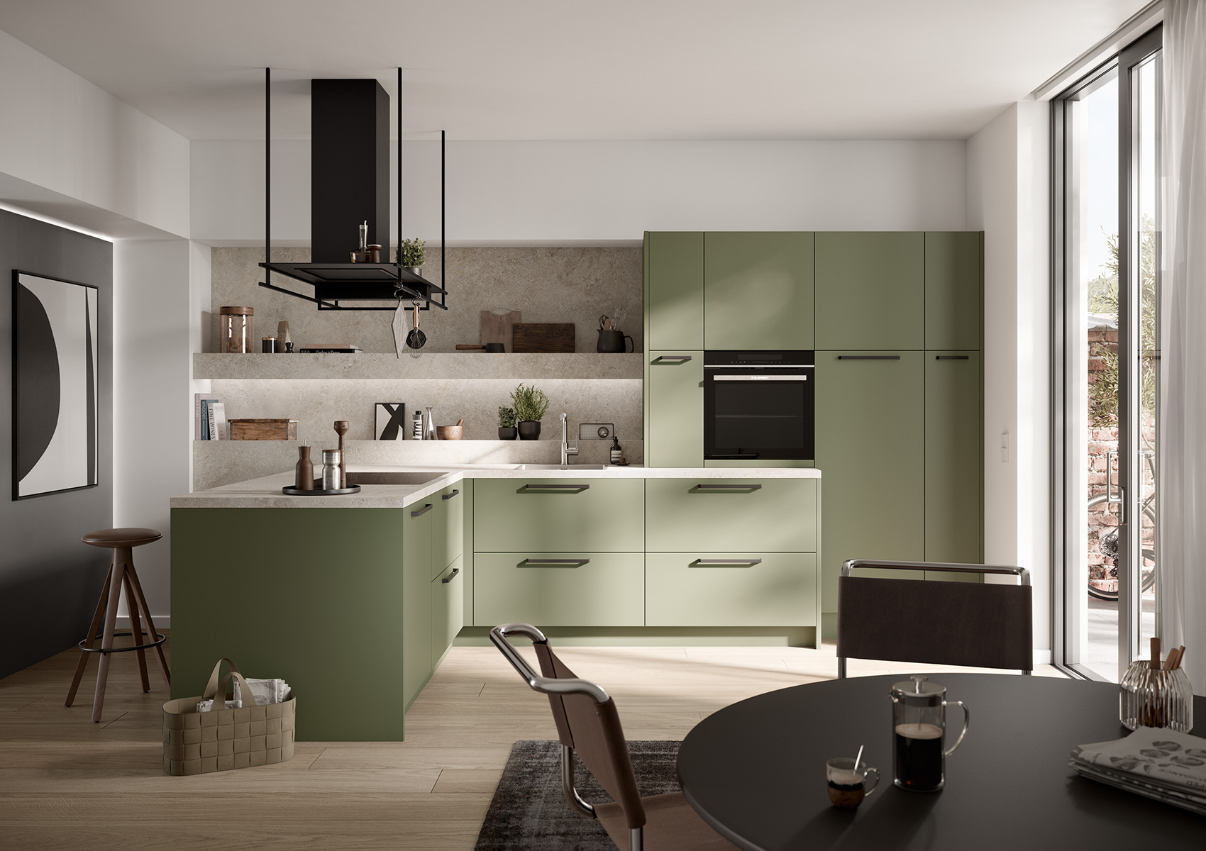 Picture of the concept130 SCALA Olive Green with kitchen unit, tall unit, olive green fronts and kitchen counter